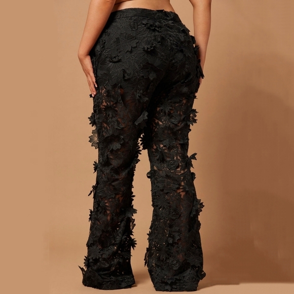 Fashion Nova Denise Sheer Mesh Flower Embroidered Hi-Rise Flare Pants Black sz L - Picture 4 of 17